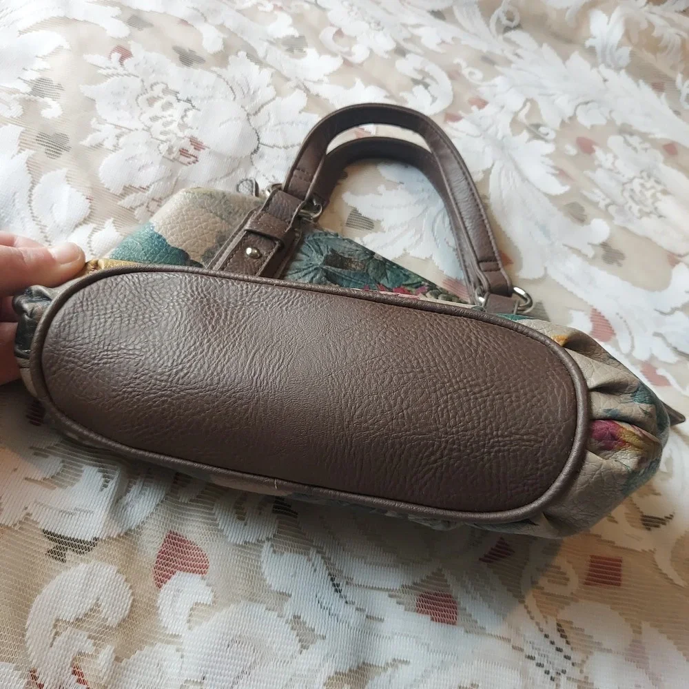 Koltov Floral Satchel Handbag Tan Brown Faux Leather Multi Pocket Bag Womens